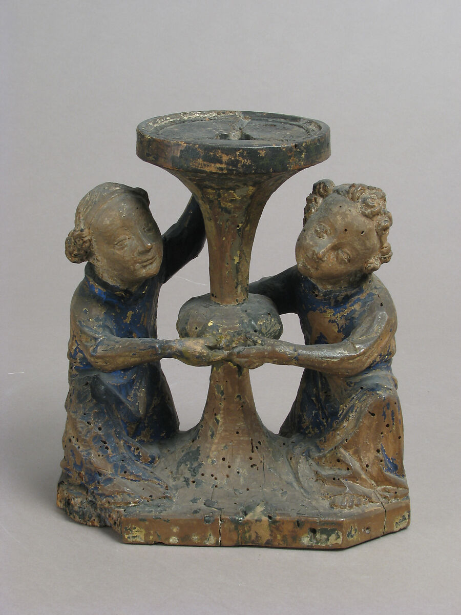 Candlestick Held by Two Angels, Wood, polychromy, gilding, French 
