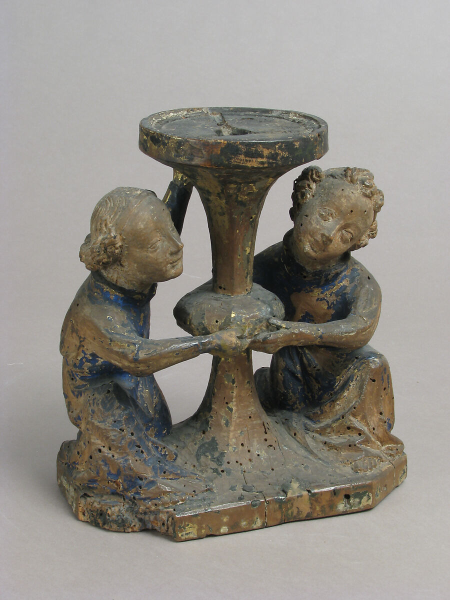 Candlestick Held by Two Angels, Wood, polychromy, gilding, French