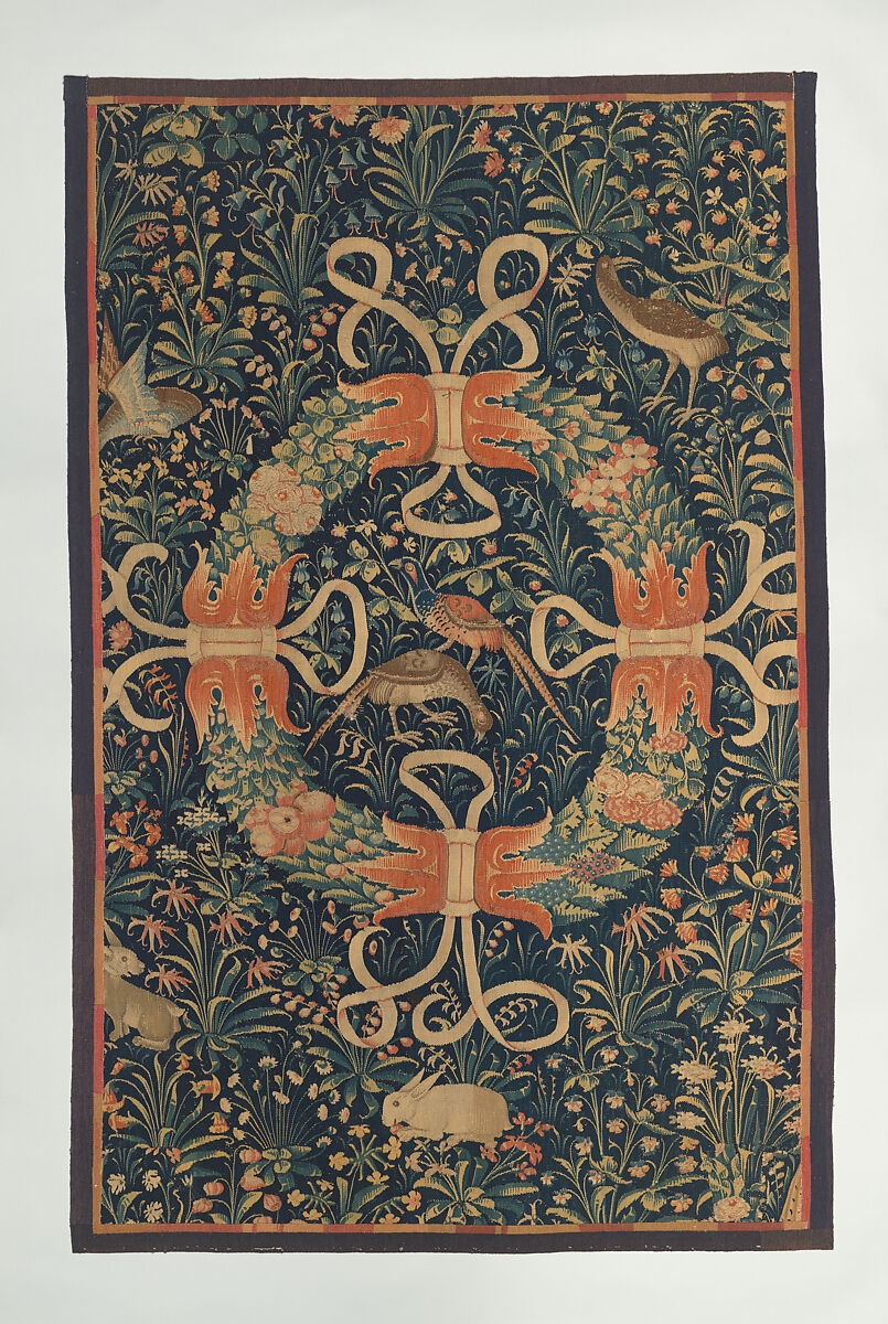Wreath on a Ground of Flowers, Birds, and Rabbits, Wool warp, wool wefts, South Netherlandish 