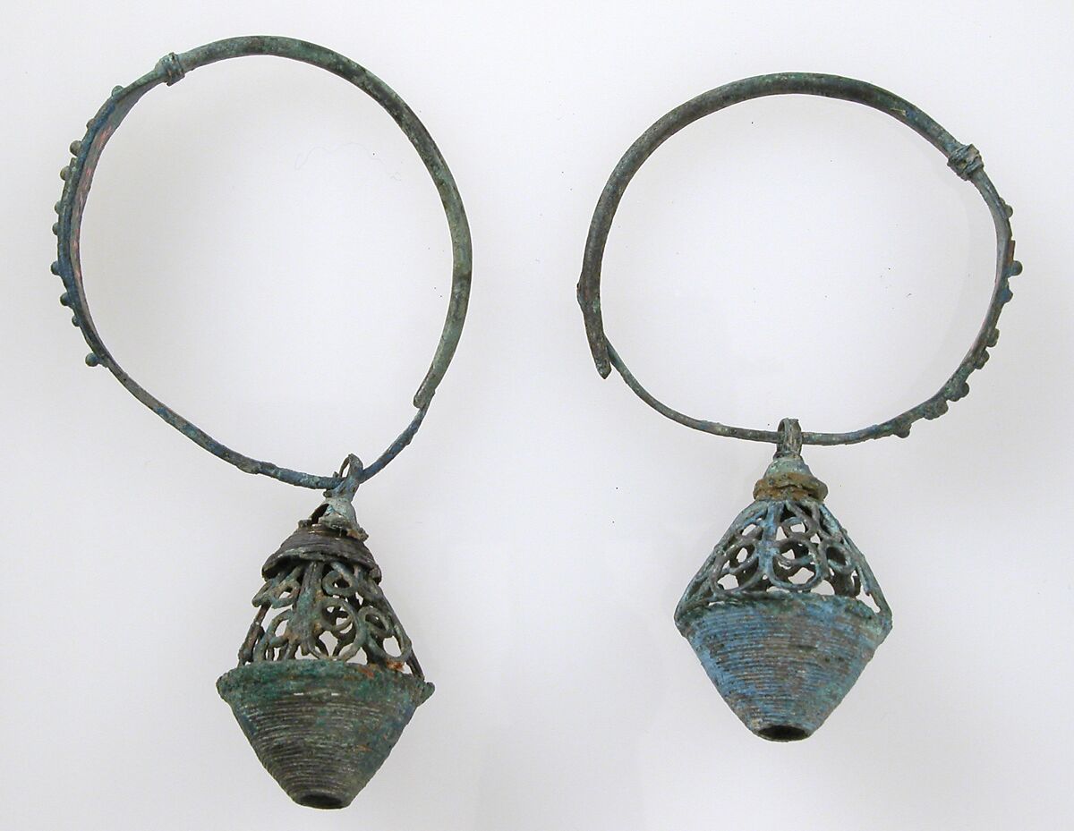Earring, Copper alloy sheet, filigree, and granulation all with "tinned" surface, Avar