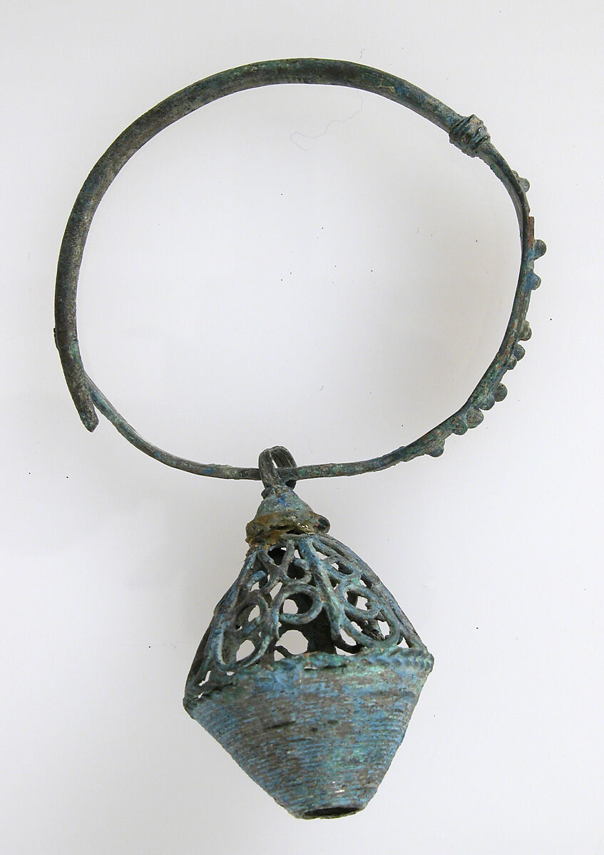 Earring, Copper alloy sheet, filigree, and granulation all with "tinned" surface, Avar