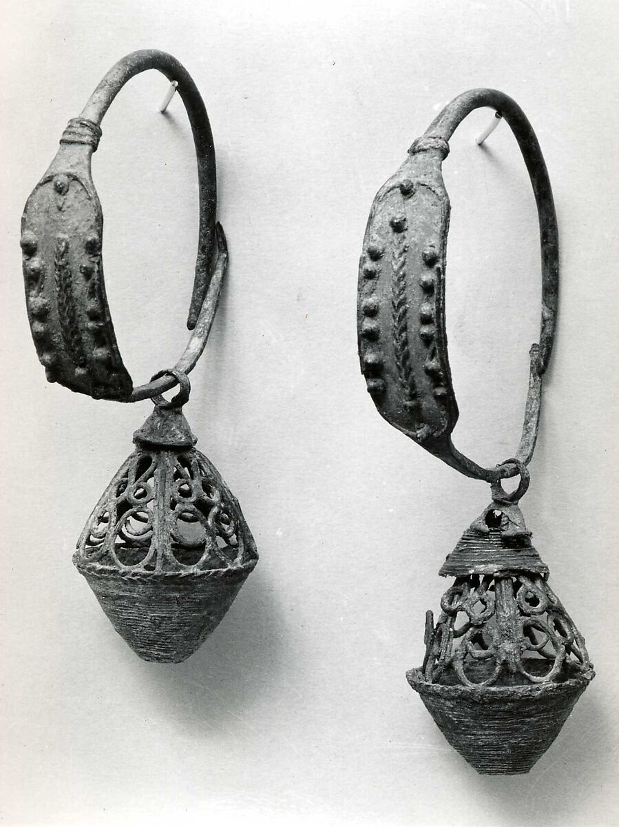 Earring, Copper alloy sheet, filigree, and granulation all with "tinned" surface, Avar