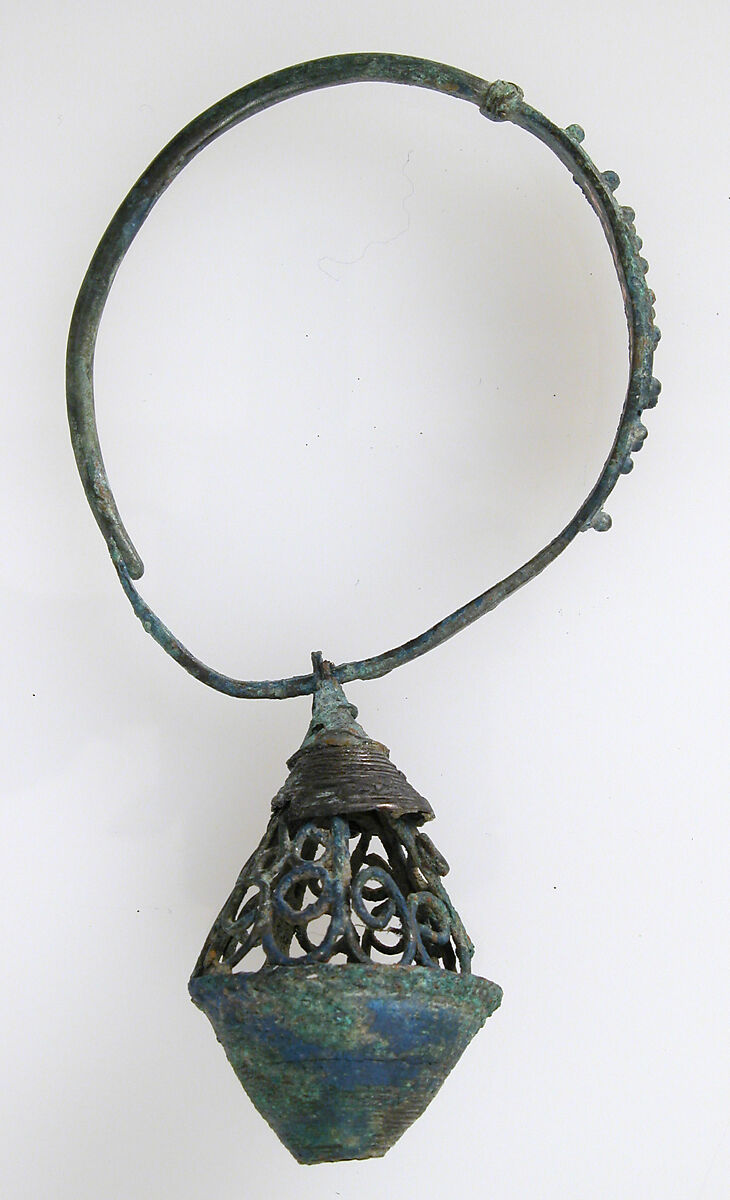 Earring, Copper alloy sheet, filigree, and granulation all with "tinned" surface, Avar