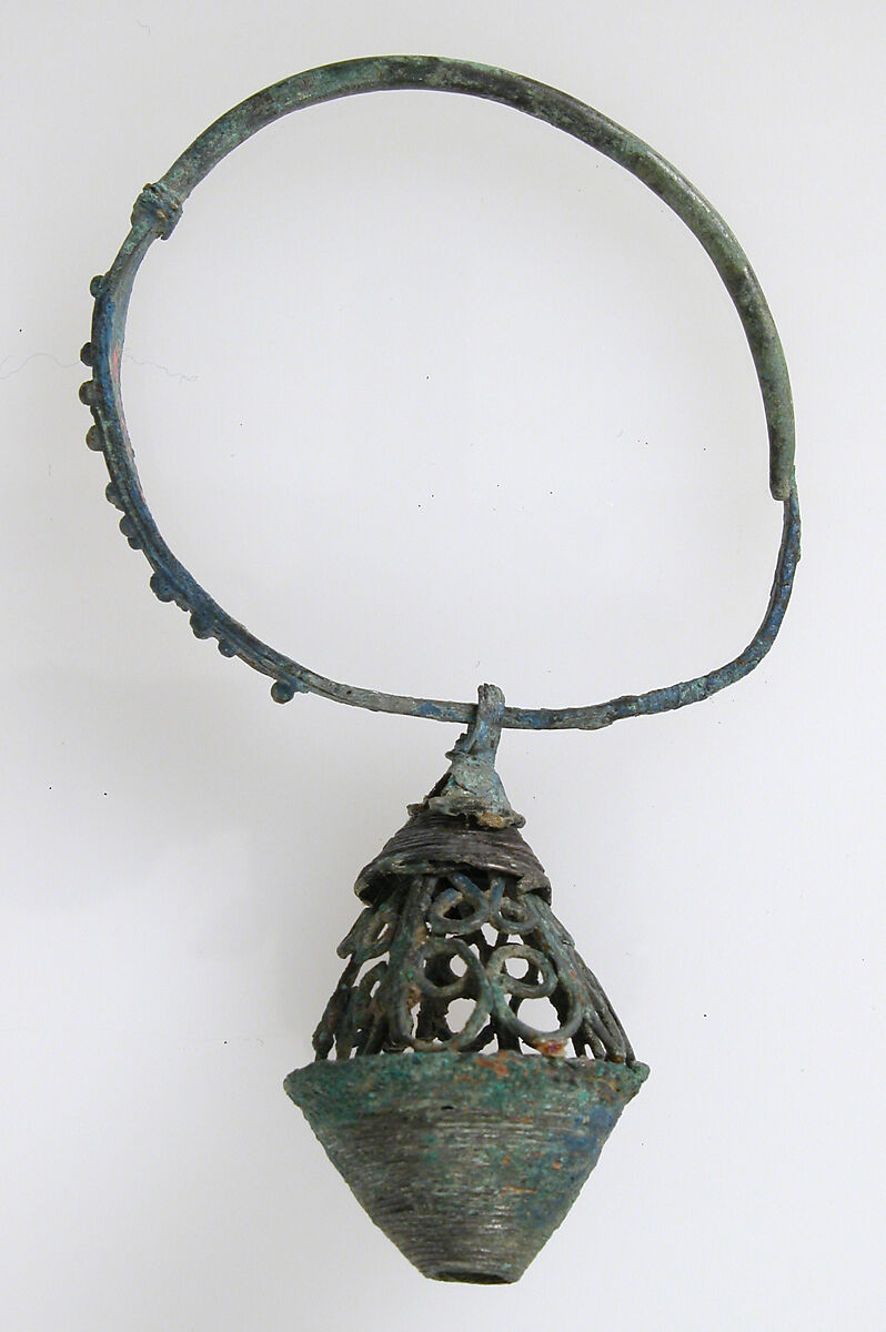 Earring, Copper alloy sheet, filigree, and granulation all with "tinned" surface, Avar
