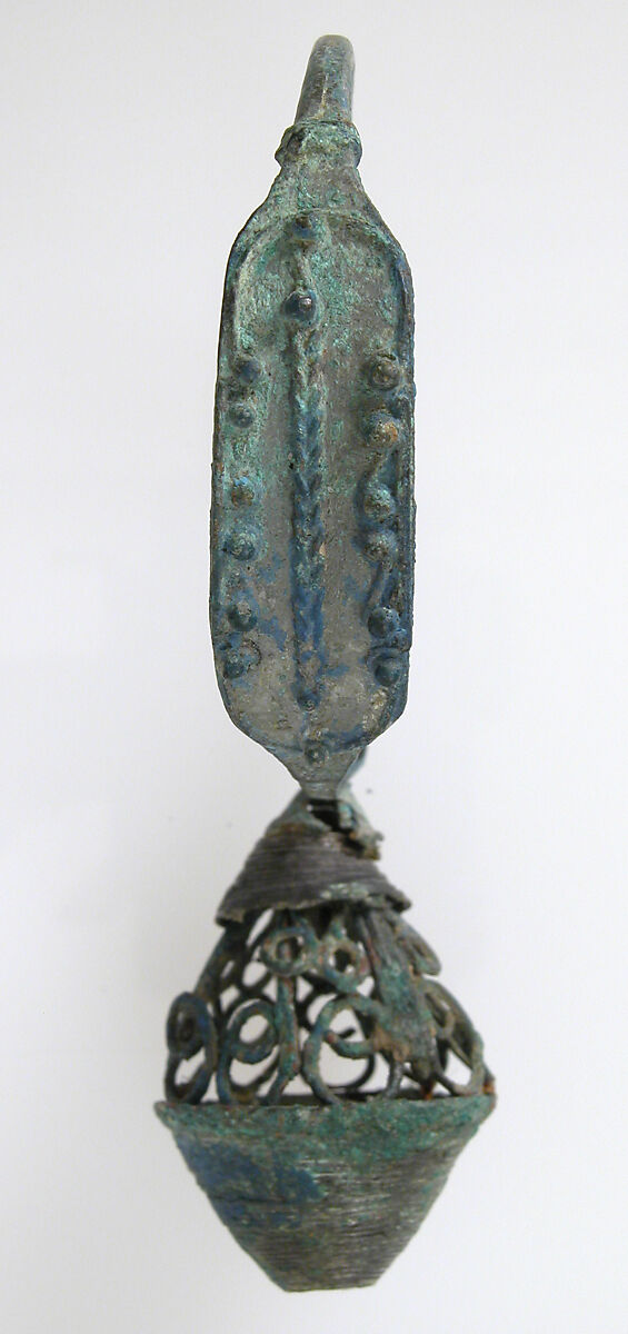 Earring, Copper alloy sheet, filigree, and granulation all with "tinned" surface, Avar