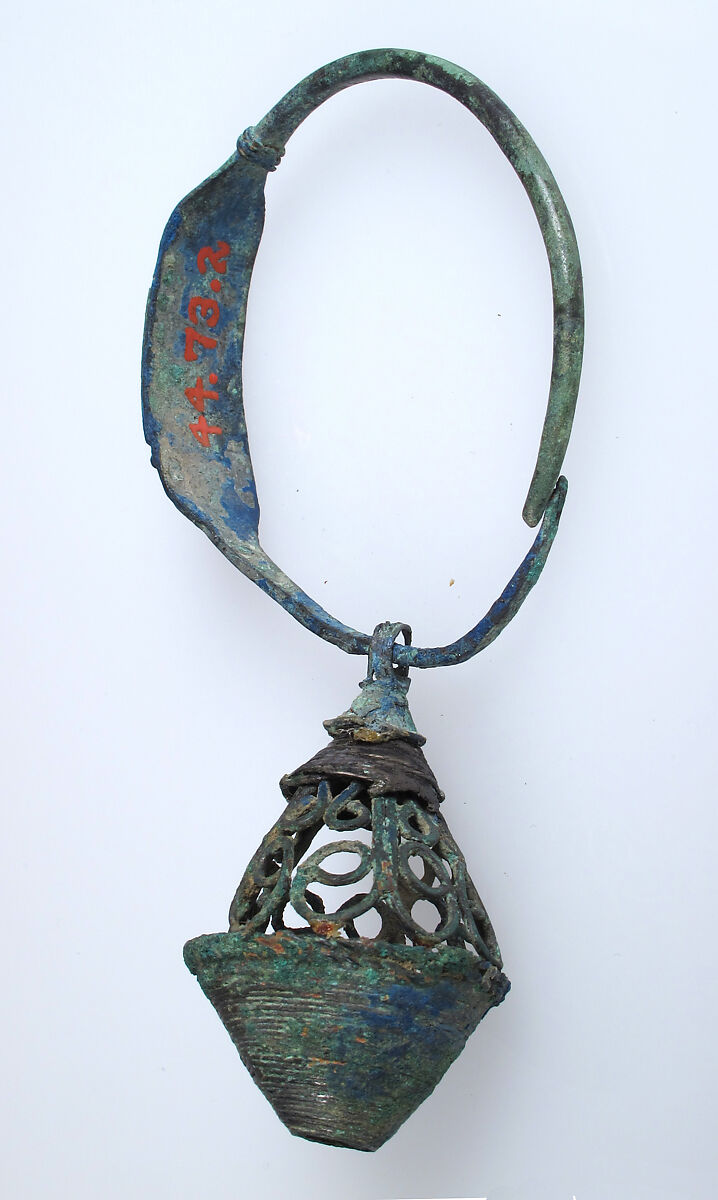Earring, Copper alloy sheet, filigree, and granulation all with "tinned" surface, Avar
