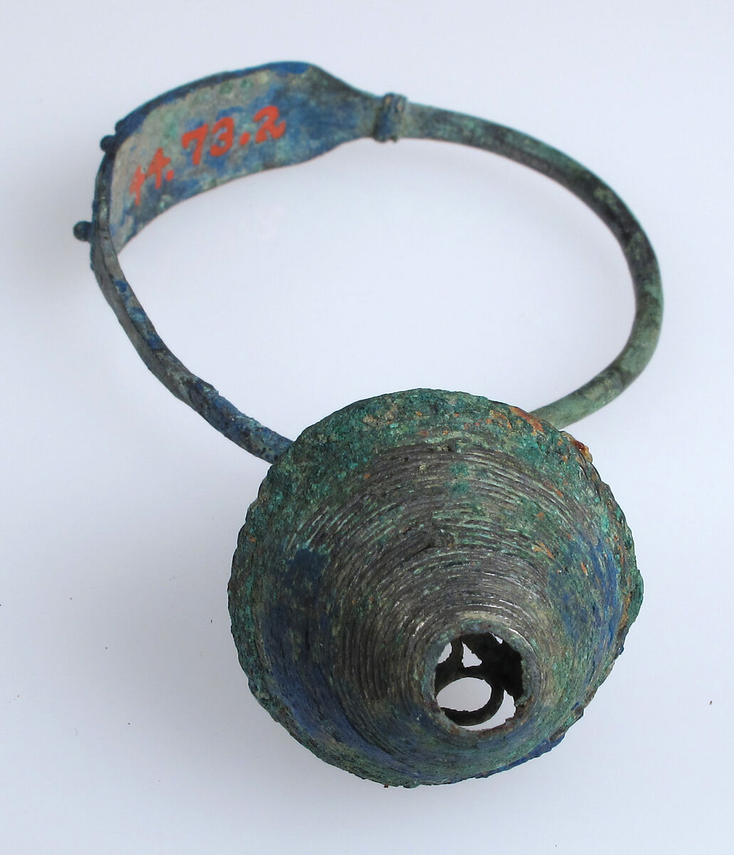 Earring, Copper alloy sheet, filigree, and granulation all with "tinned" surface, Avar