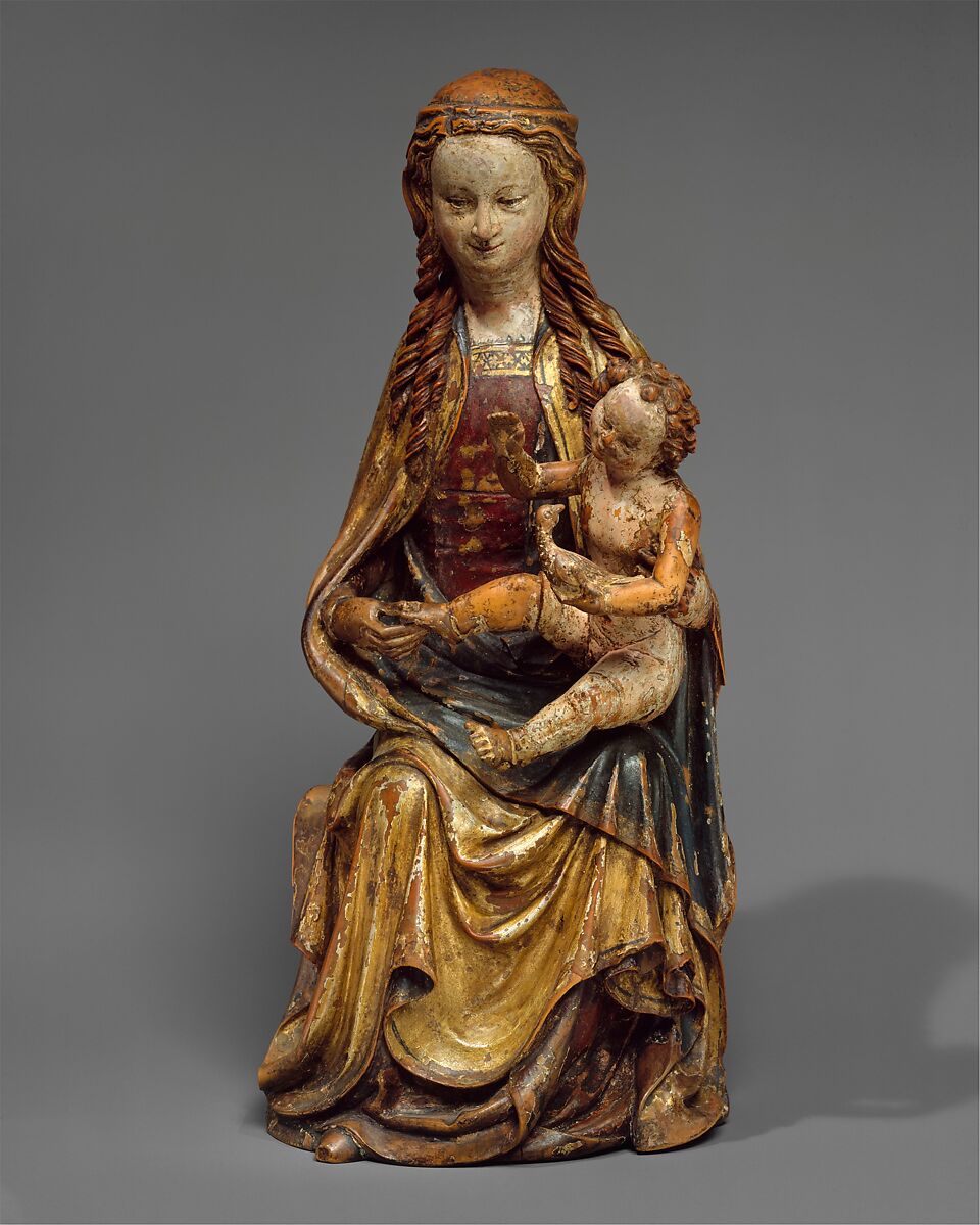 Enthroned Virgin and Child, Boxwood, polychromy and gilding, German 
