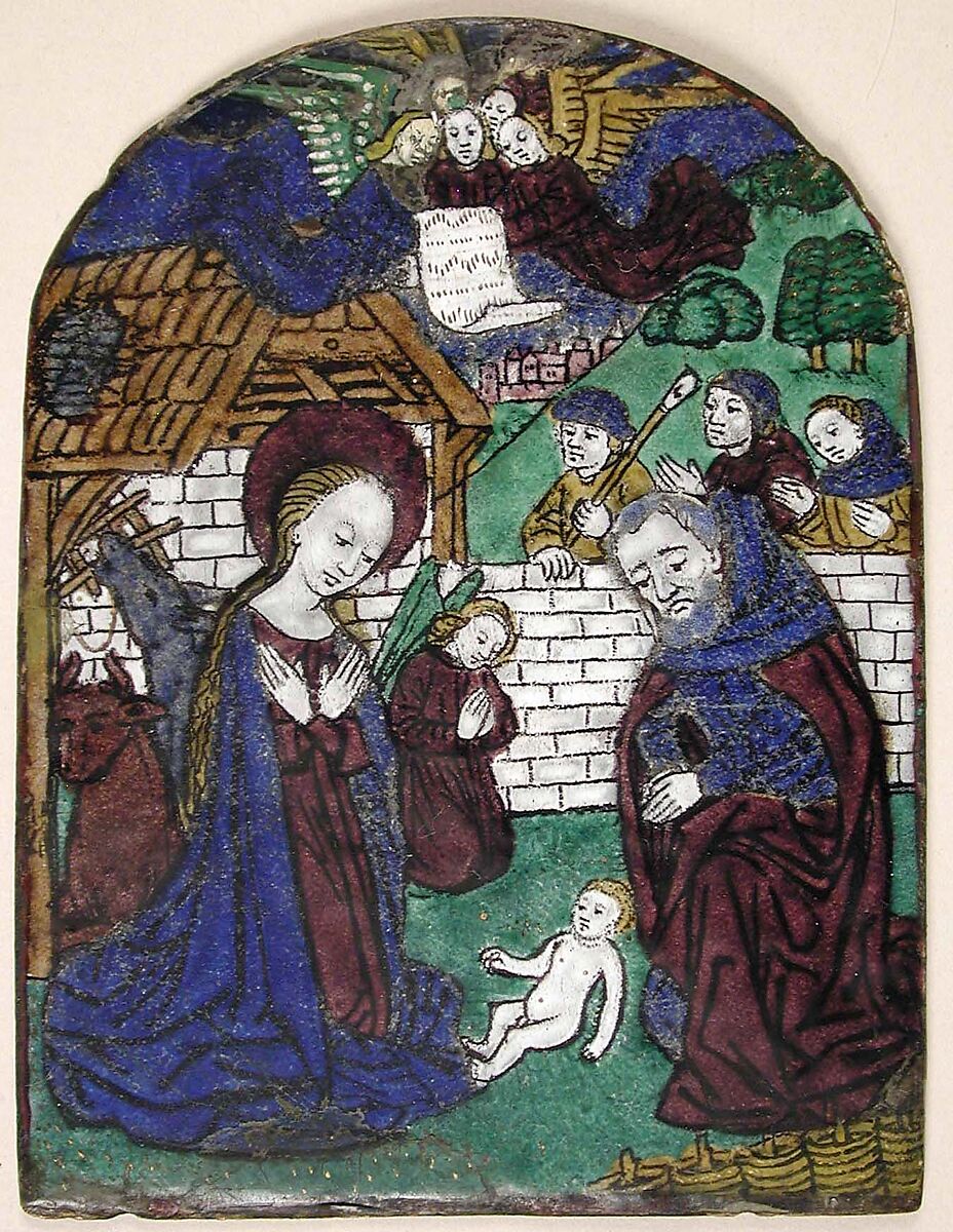 Plaque with Adoration of the Shephards, Atelier of Monvaerni, Painted Enamel, copper, French 