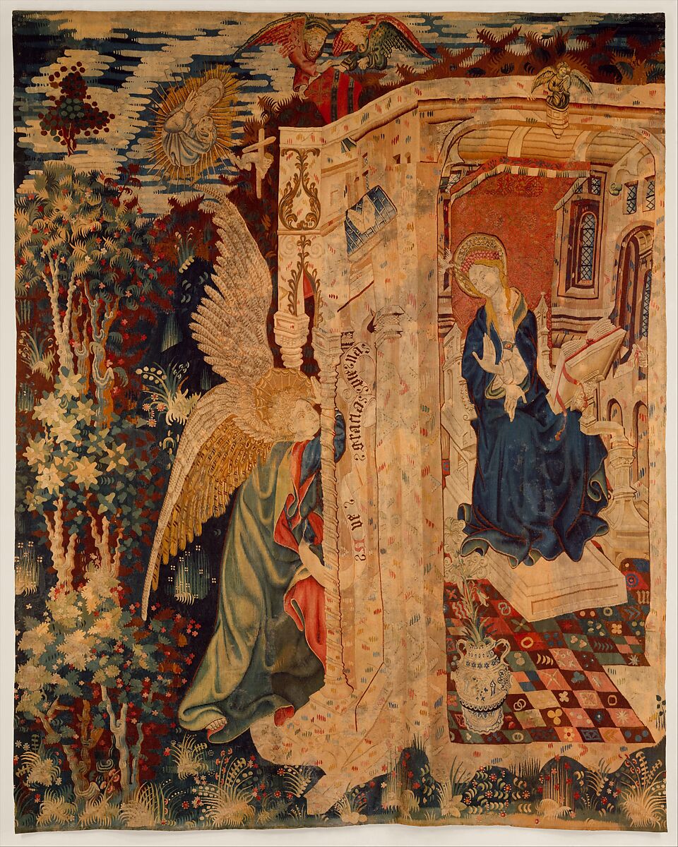 Tapestry with the Annunciation, Wool warp, wool with a few metallic wefts, South Netherlandish 