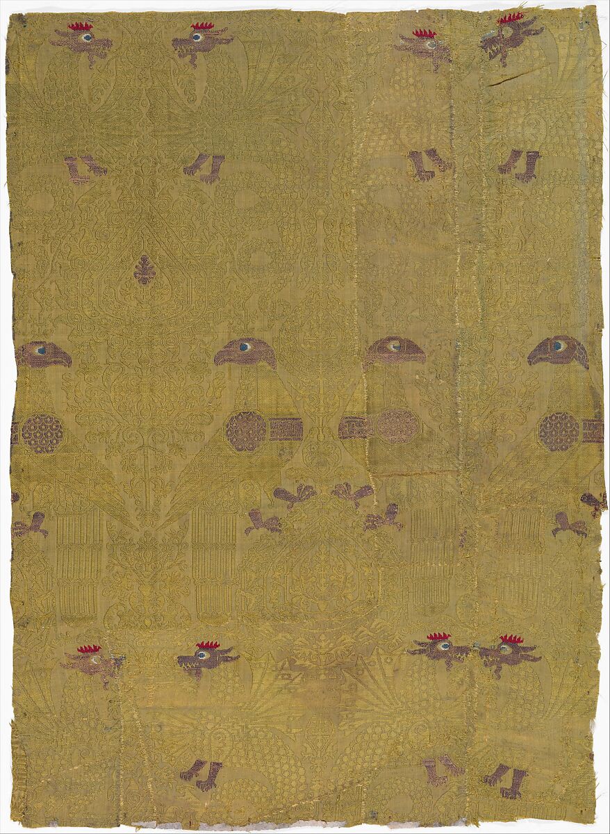 Textile, Birds, Dragon, and Palmette Motives, Silk and metallic threads, Italian 