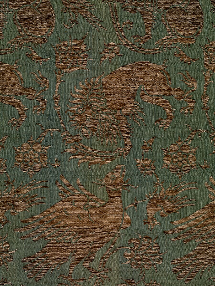 Textile, Silk, metal thread; twill and twill; silk, gilt membrane on linen., Italian