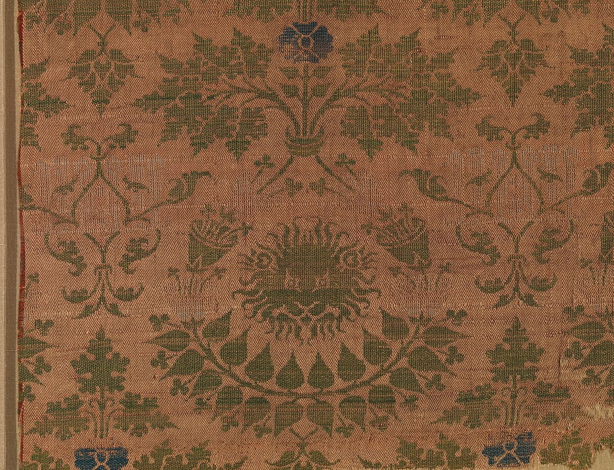 Textile with Lions' Heads, Foliate Ornament, and pseudo-Arabic inscription, Silk; twill and plain weave, Italian