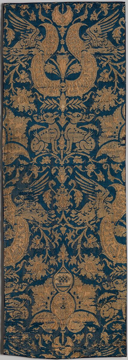 Textile with Brocade, Satin and plain weave; silk and metal threads, Spanish or Near Eastern 