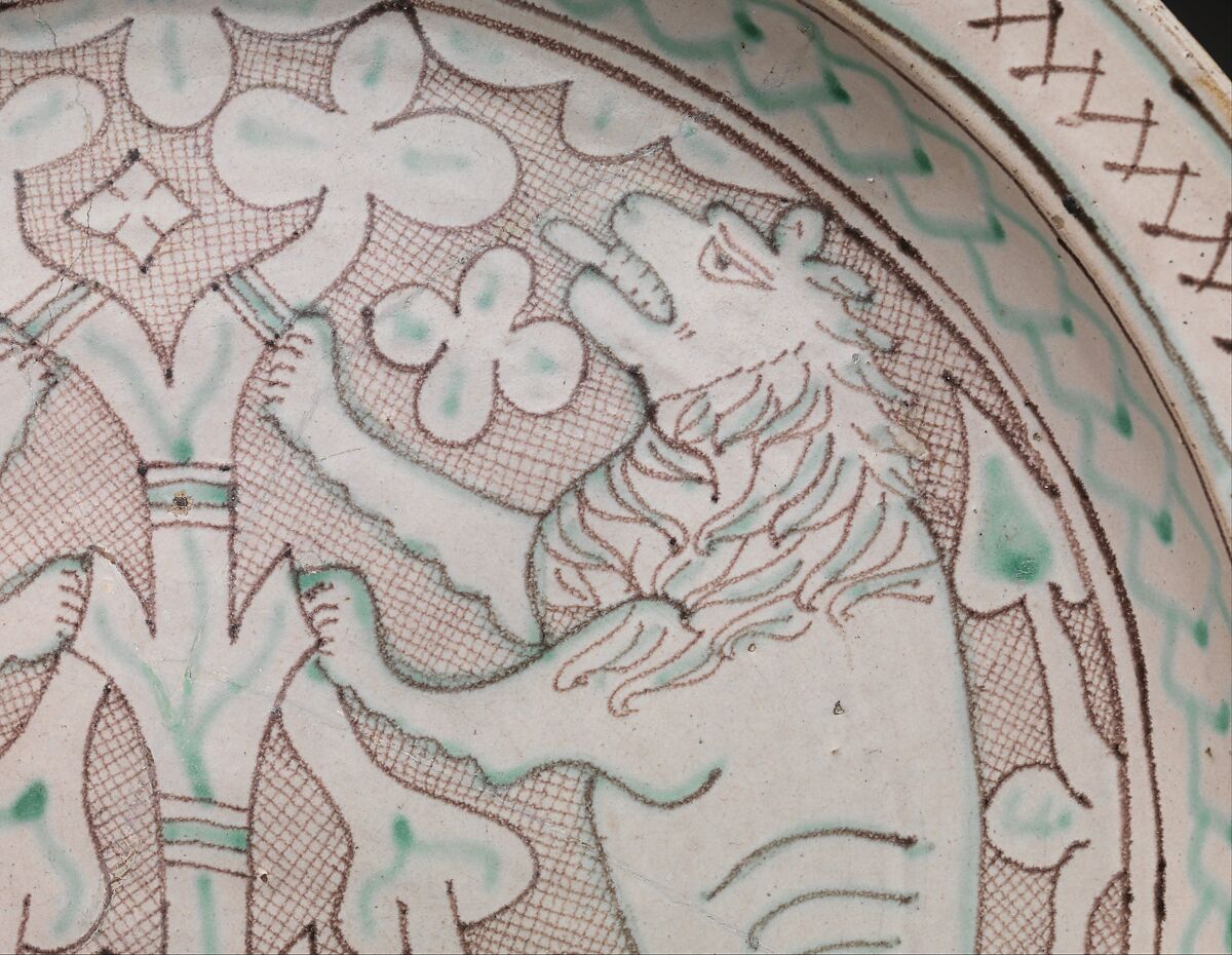 Dish with Rampant Lions, Tin-glazed earthenware, Italian