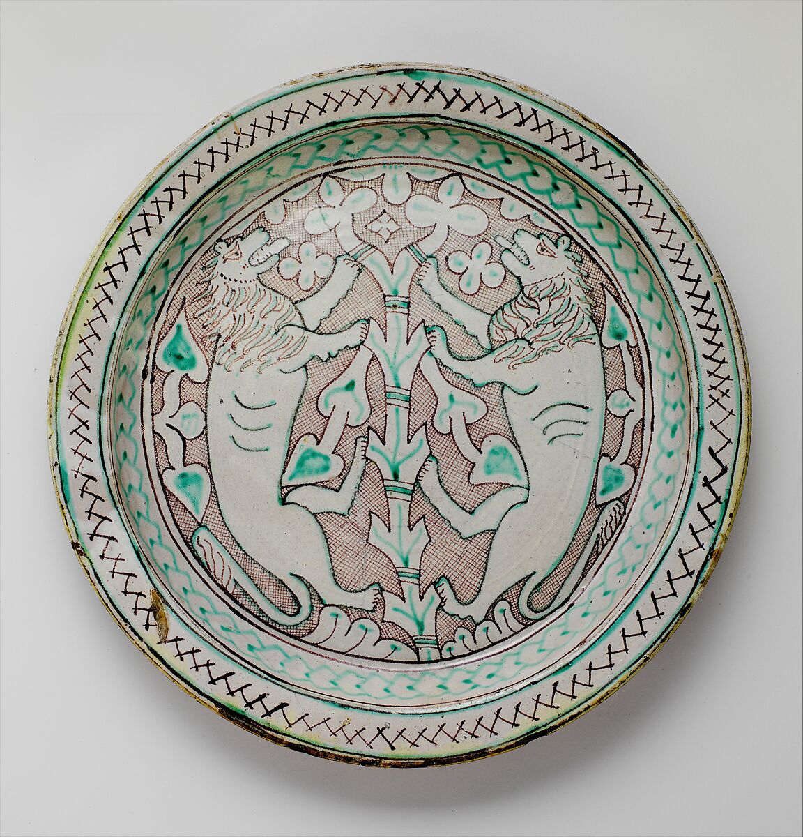 Dish with Rampant Lions, Tin-glazed earthenware, Italian