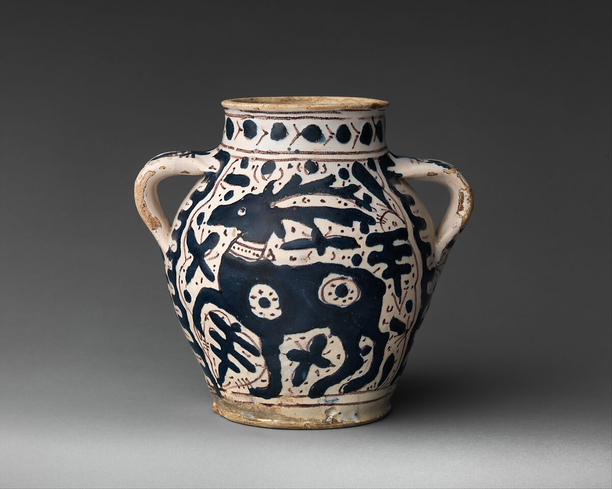 Two-Handled Jar with Stag, Tin-glazed earthenware, Italian