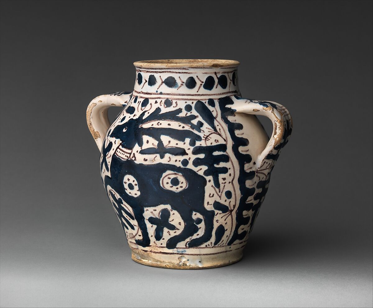 Two-Handled Jar with Stag, Tin-glazed earthenware, Italian