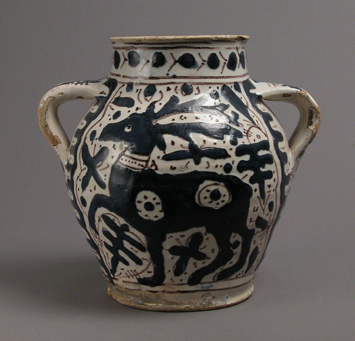 Two-Handled Jar with Stag, Tin-glazed earthenware, Italian