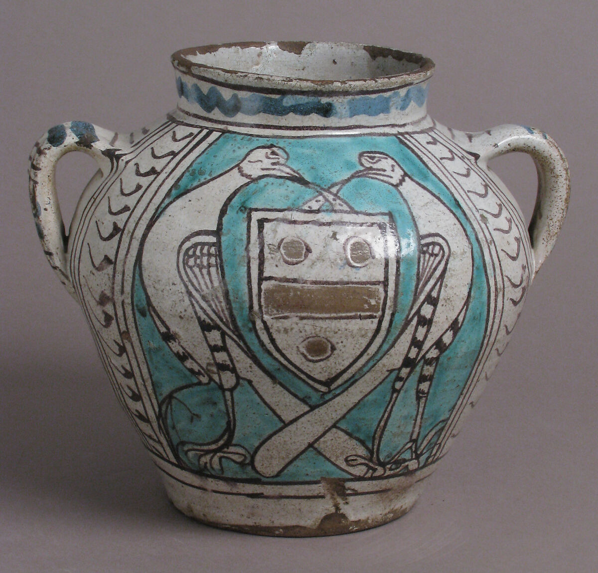 Two-Handled Jar with Birds and a Coat of Arms, Tin-glazed earthenware, Italian 