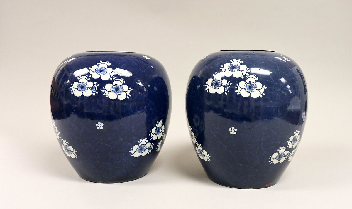 Jar, White porcelain decorated with white on blue under the glaze ground, Japan