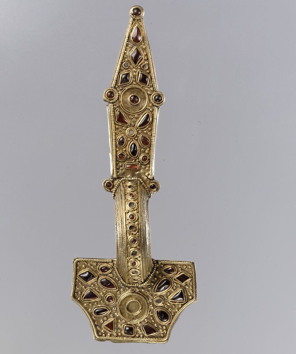 Bow Brooch, Silver with gold-sheet overlay and garnets, East Germanic 