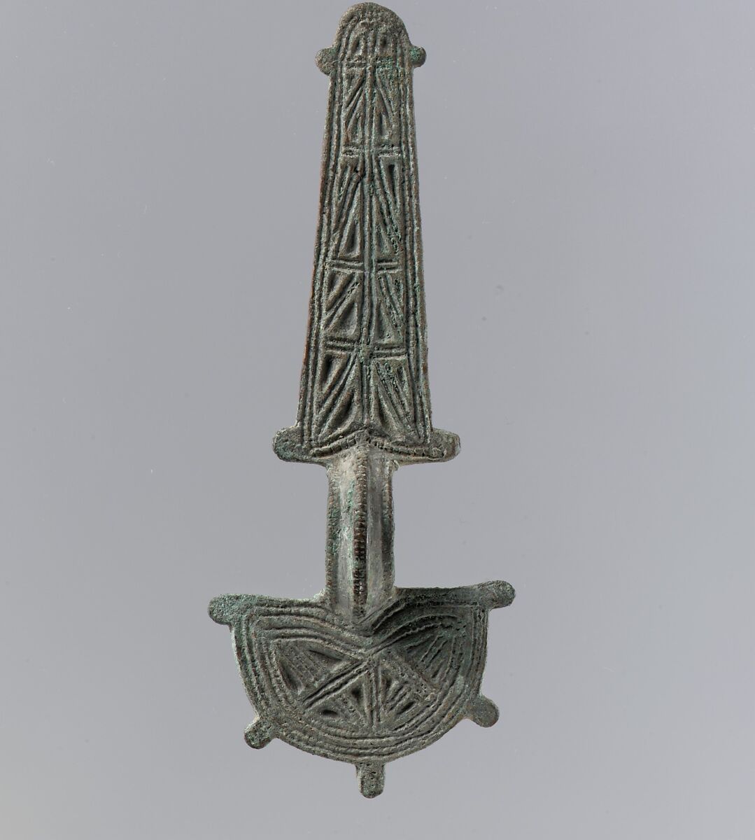 Bow Brooch, Copper alloy, cast, "tinned" surface; iron spring and pin, Visigothic 