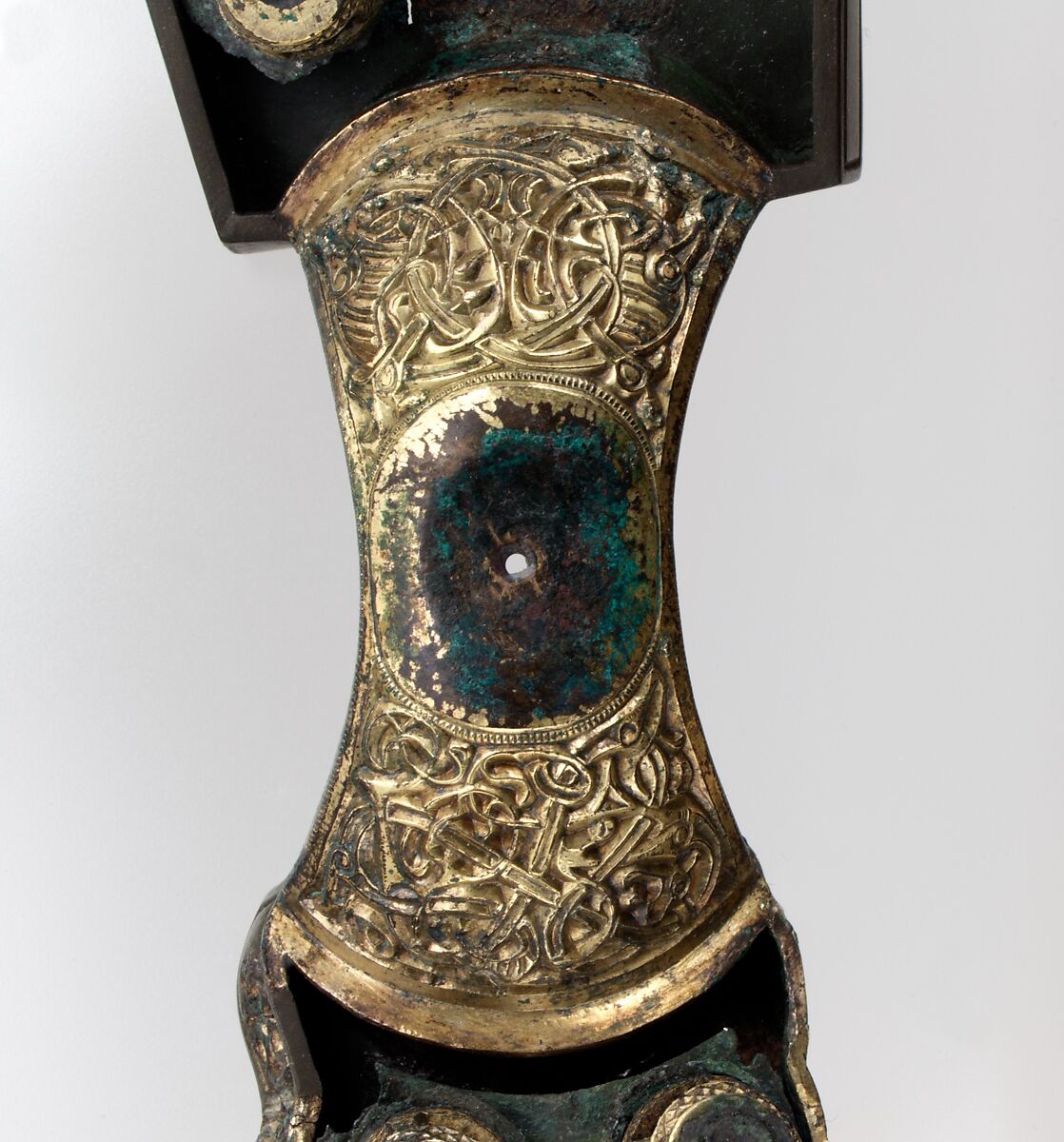 Bow Brooch with Disk, Copper alloy with mercury gilding and garnet, Vendel