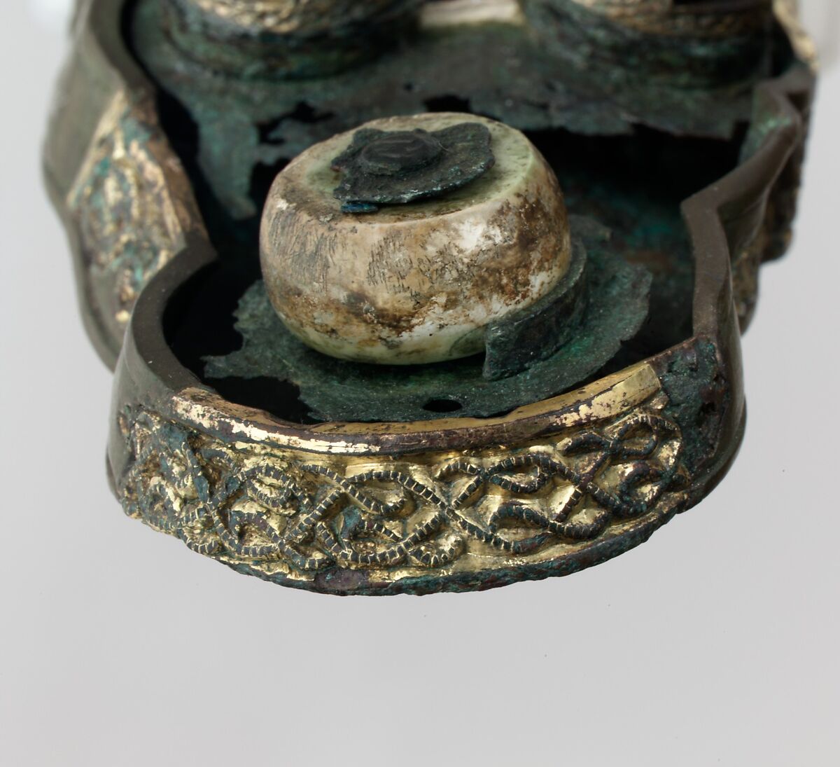 Bow Brooch with Disk, Copper alloy with mercury gilding and garnet, Vendel