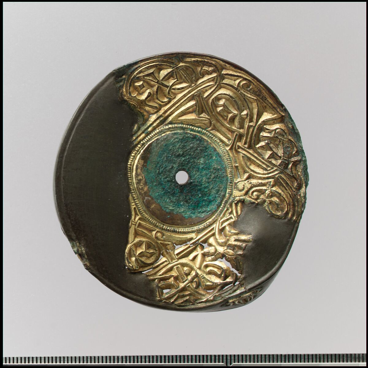 Bow Brooch with Disk, Copper alloy with mercury gilding and garnet, Vendel