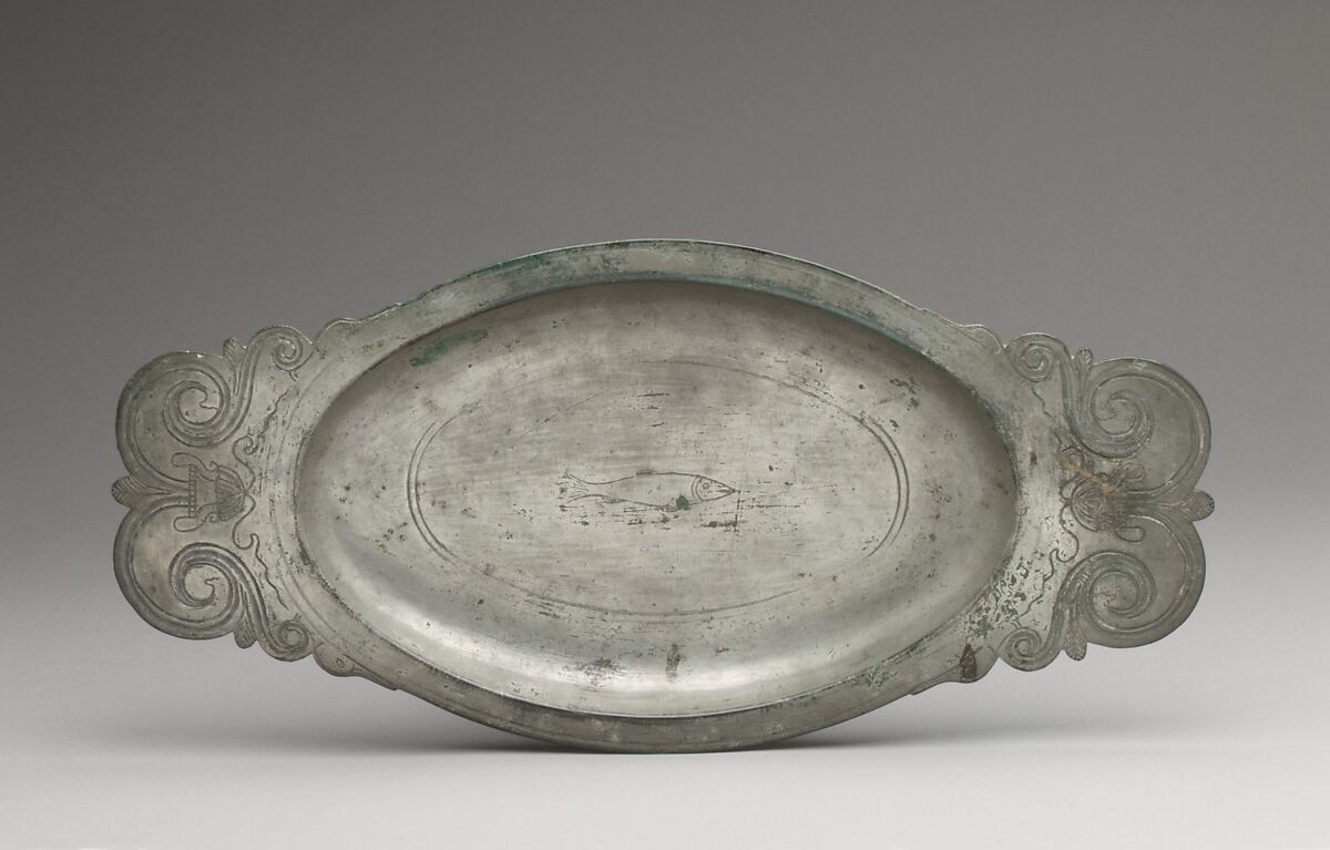 Platter with a Fish, Bronze, silver overlaid, Late Roman 
