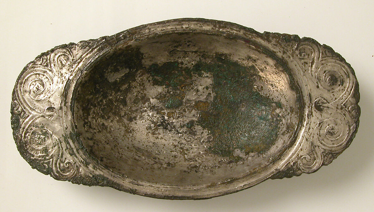 Dish, Copper alloy, silver or tin overlaid, Late Roman 