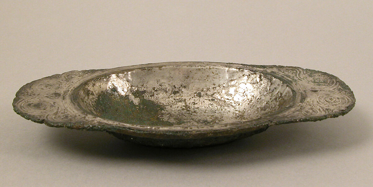 Dish, Copper alloy, silver or tin overlaid, Late Roman