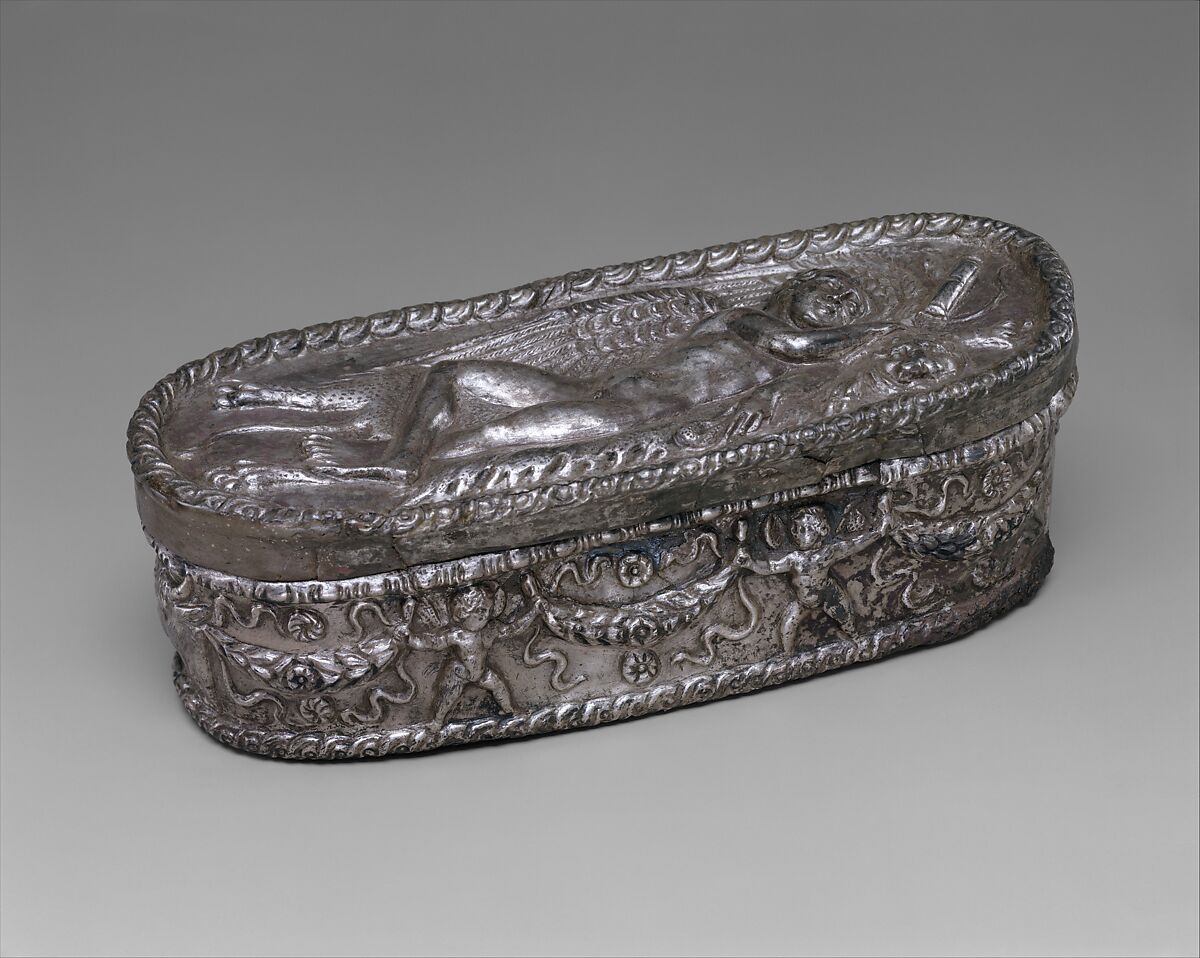 Box with Sleeping Eros, Silver, Roman or Byzantine 