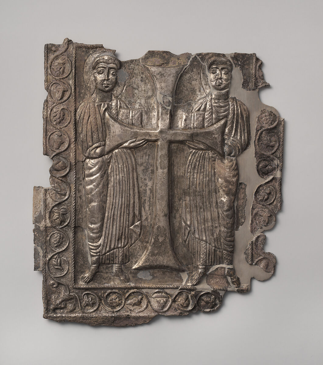 Plaque with Two Saints, Silver, parcel gilt, Byzantine 
