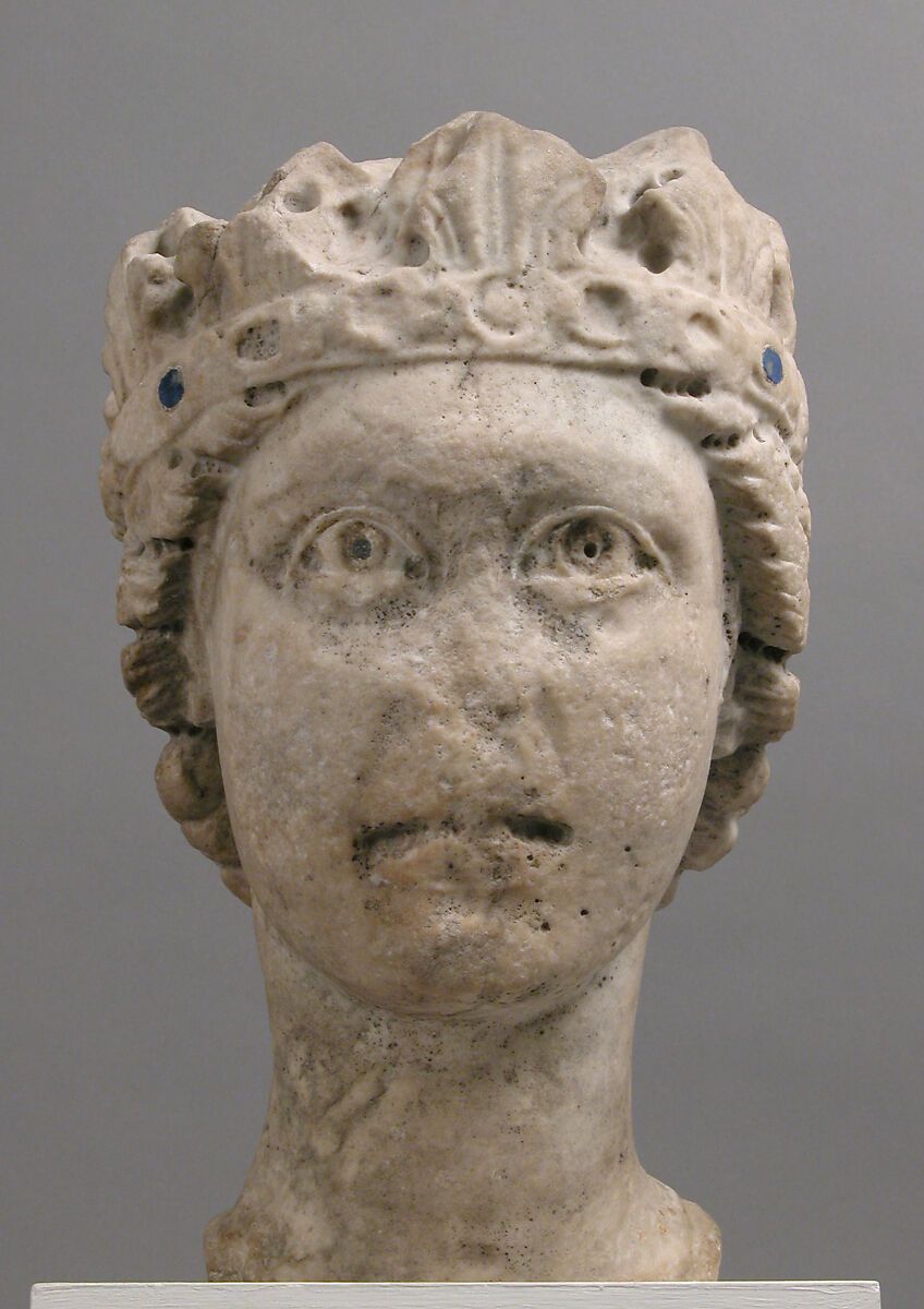 Crowned Head of a Woman, Marble (Lunense marble from Carrera), traces of lapis lazuli and lead, South Italian 