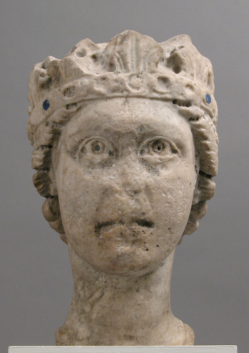 Crowned Head of a Woman, Marble (Lunense marble from Carrera), traces of lapis lazuli and lead, South Italian