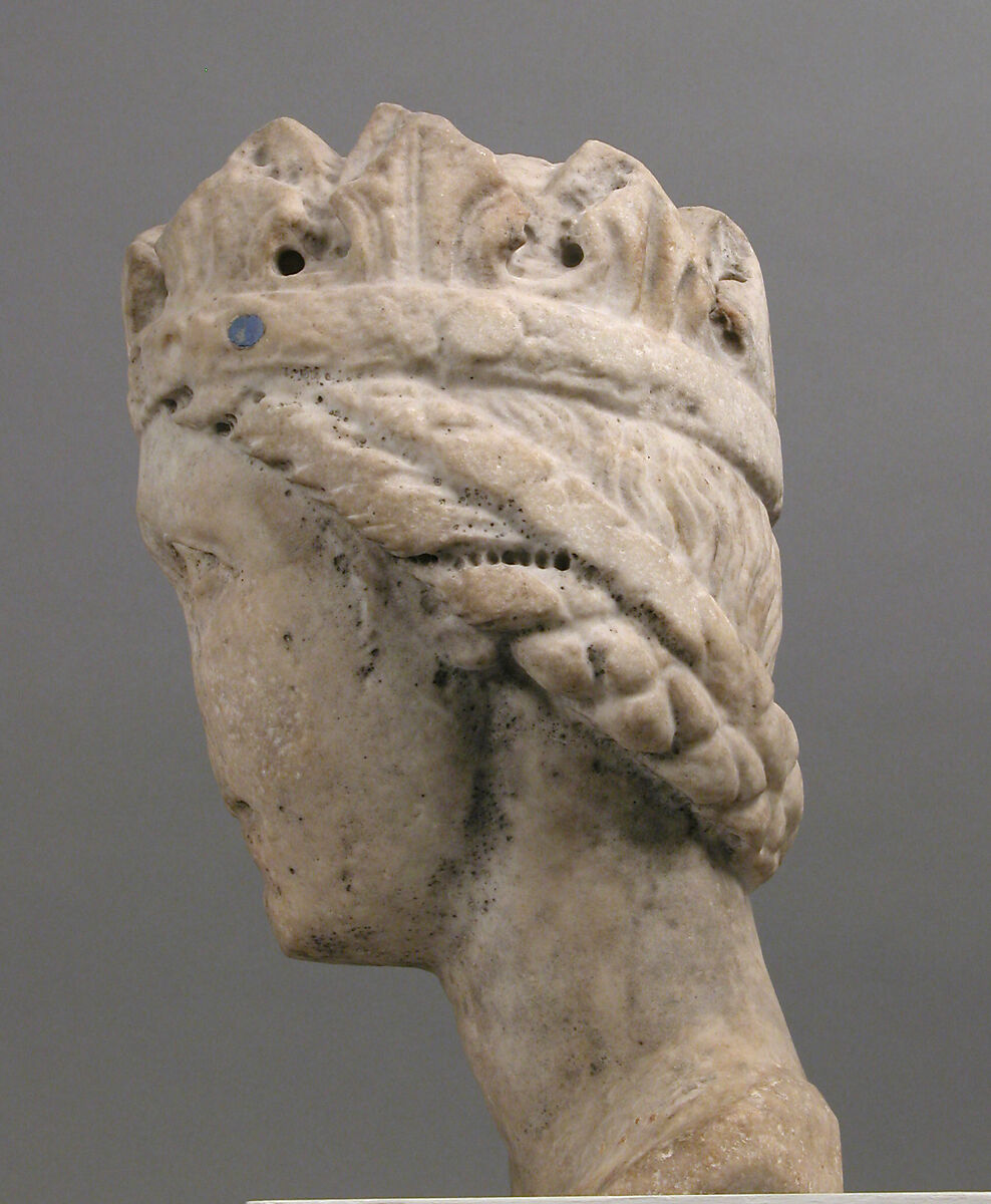Crowned Head of a Woman, Marble (Lunense marble from Carrera), traces of lapis lazuli and lead, South Italian