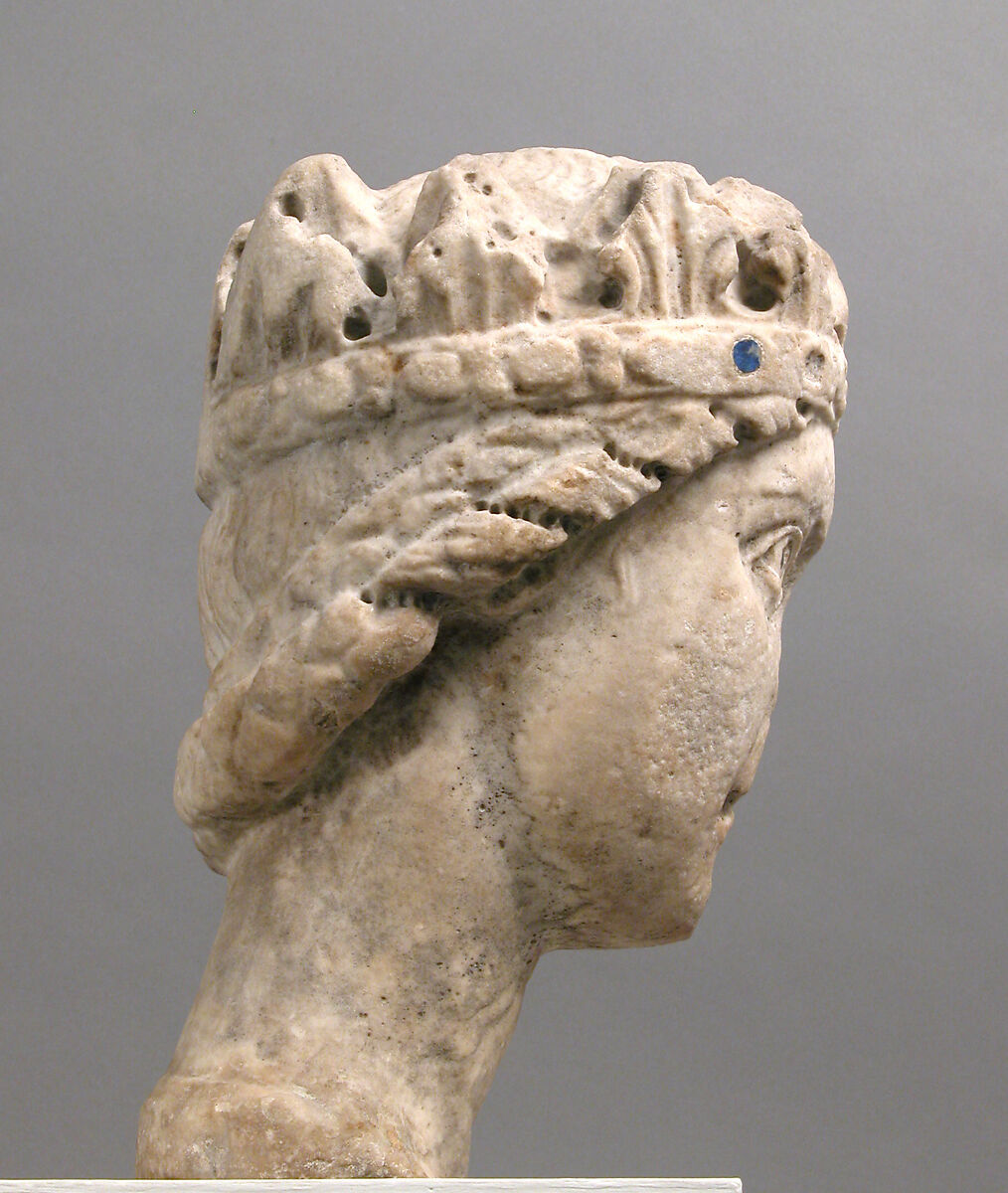 Crowned Head of a Woman, Marble (Lunense marble from Carrera), traces of lapis lazuli and lead, South Italian