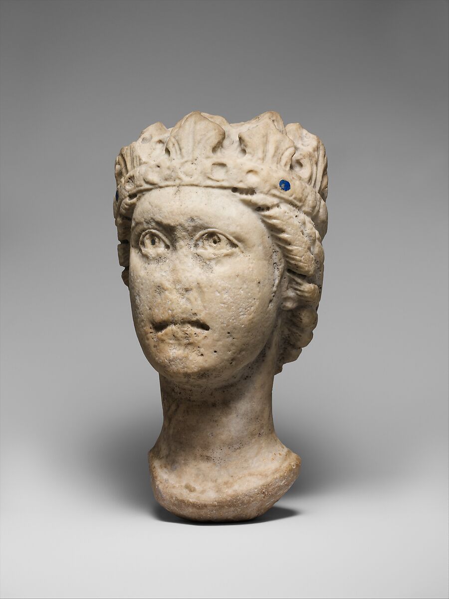 Crowned Head of a Woman, Marble (Lunense marble from Carrera), traces of lapis lazuli and lead, South Italian