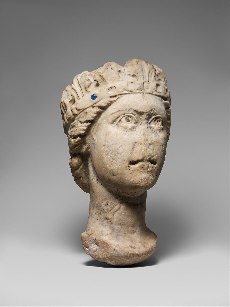 Crowned Head of a Woman, Marble (Lunense marble from Carrera), traces of lapis lazuli and lead, South Italian