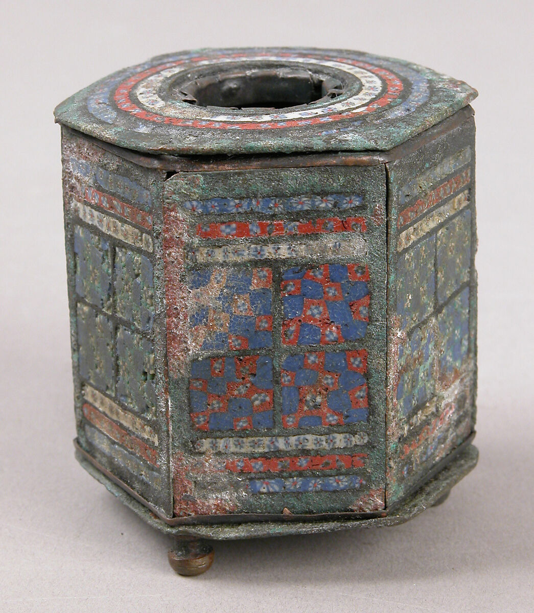 Six-Sided Box, Champlevé enamel, bronze, inlaid with millefiore enamel, Late Roman