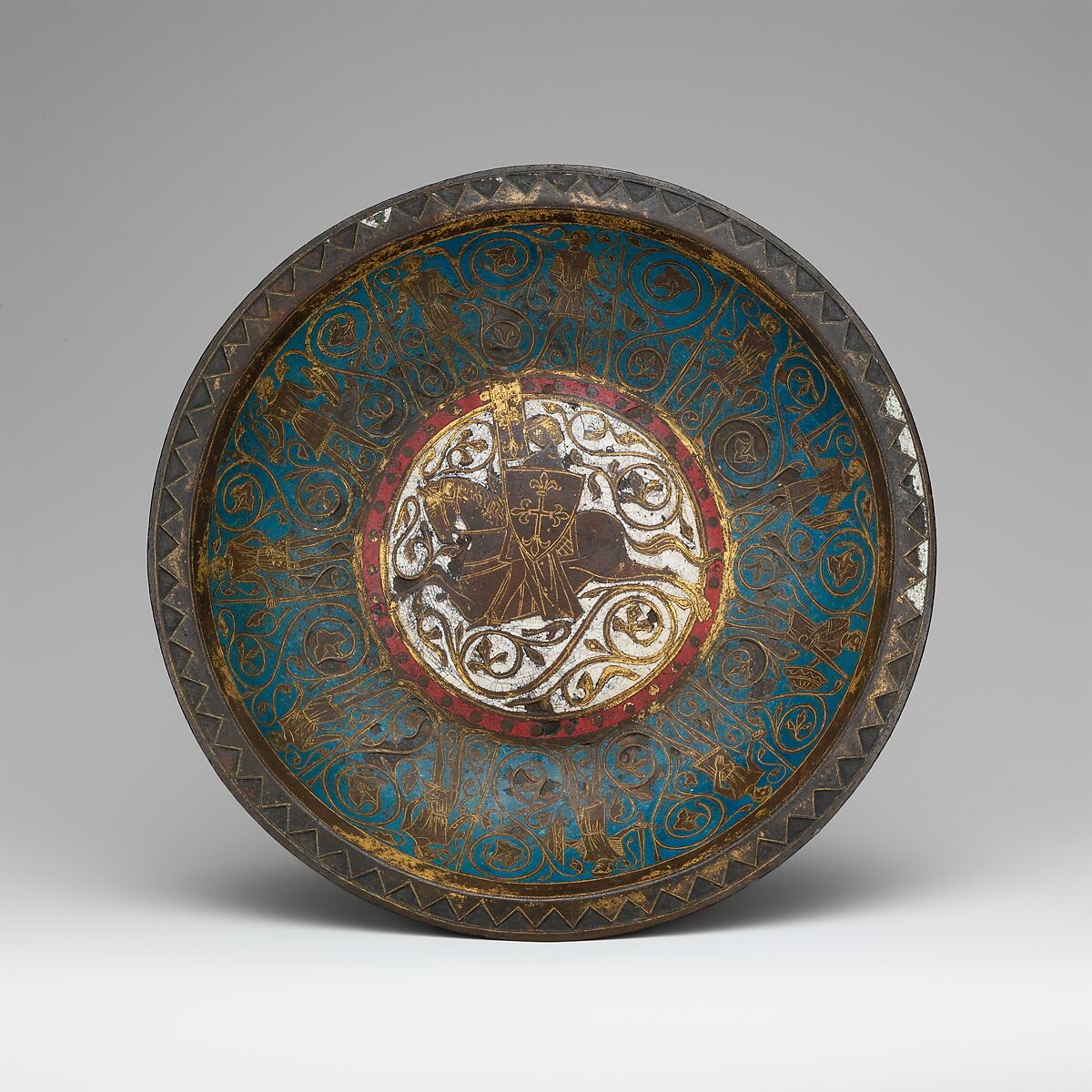 Gemellion (Hand Basin) with a Knight on Horseback, Copper, wrought and gilt, and champlevé enamel: medium blue, red and white, French 