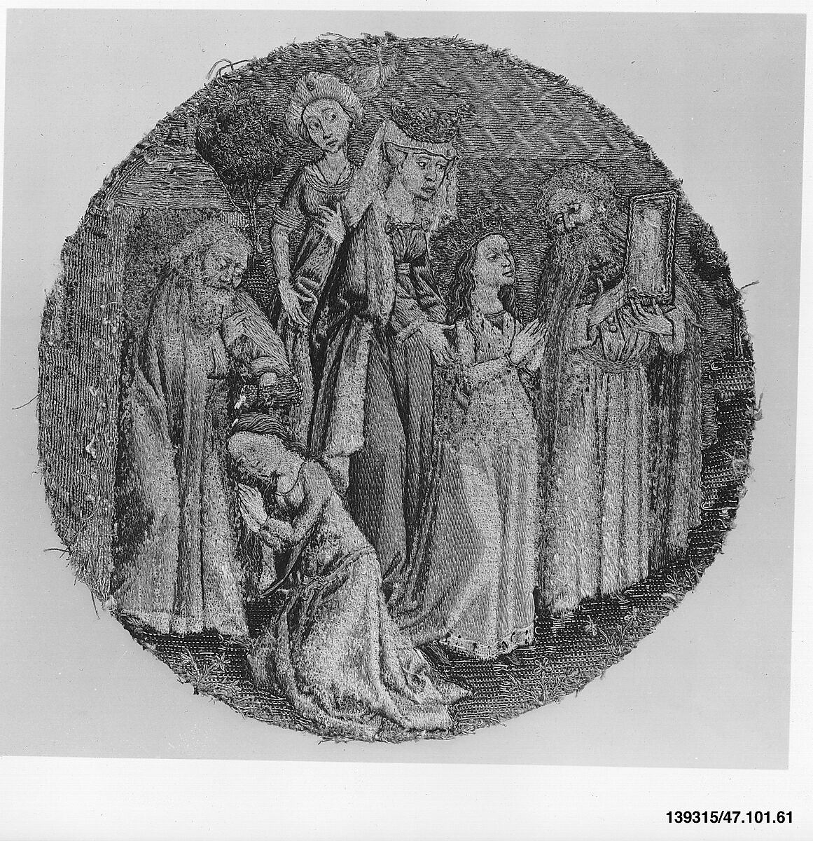 The Hermit Adrian Shows St. Catherine an Image of Christ and Baptizes Her, Silk and metal thread on linen, South Netherlandish