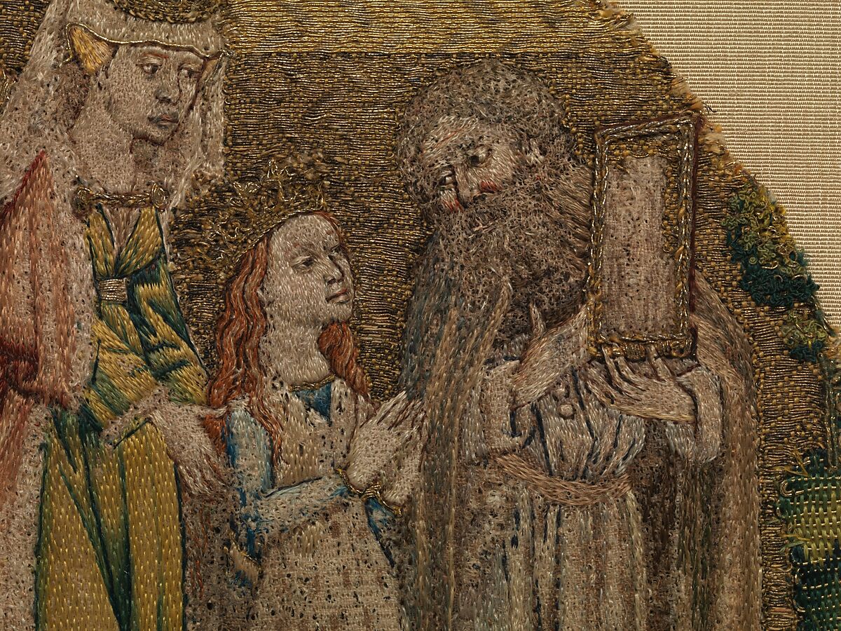 The Hermit Adrian Shows St. Catherine an Image of Christ and Baptizes Her, Silk and metal thread on linen, South Netherlandish