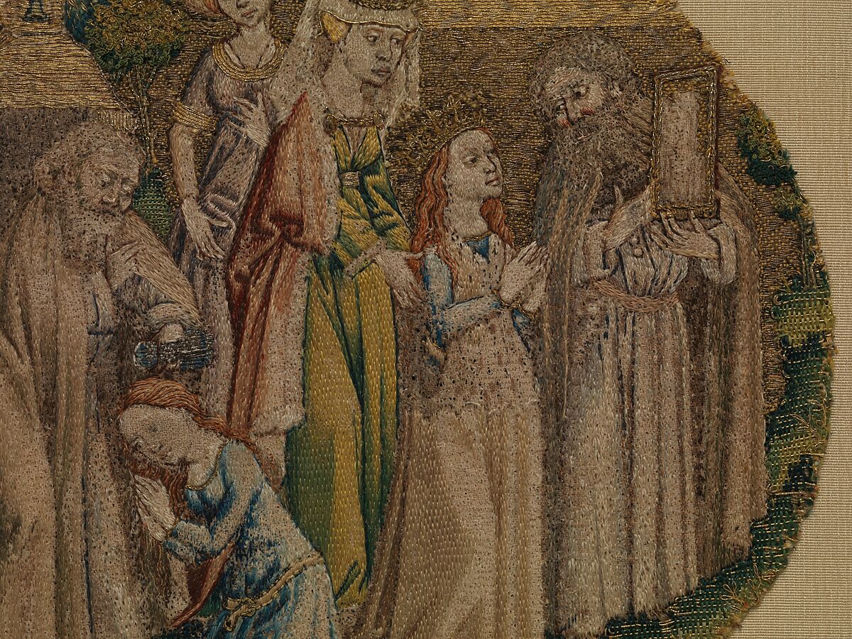 The Hermit Adrian Shows St. Catherine an Image of Christ and Baptizes Her, Silk and metal thread on linen, South Netherlandish