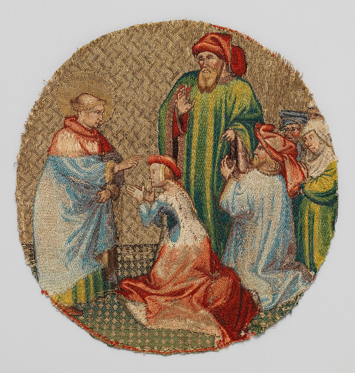 The Empress Kneels Before Saint Martin, Silk and metal thread, and linen, South Netherlandish 