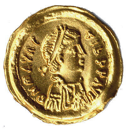 Tremissis of Emperor Maurice Tiberius (r. 582–602), Gold, Byzantine 