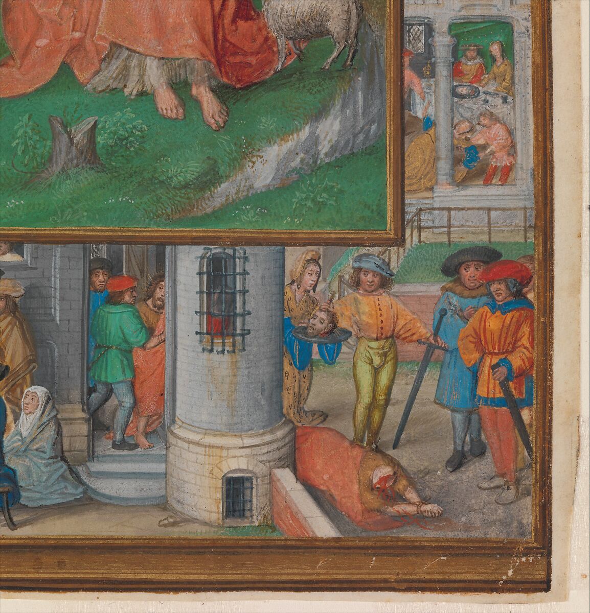 Manuscript Illumination with Scenes from the Life of Saint John the Baptist, Master of James IV of Scotland (probably Gerard Horenbout) (Netherlandish, active ca. 1485–1530), Tempera, ink, and shell gold on parchment, Netherlandish