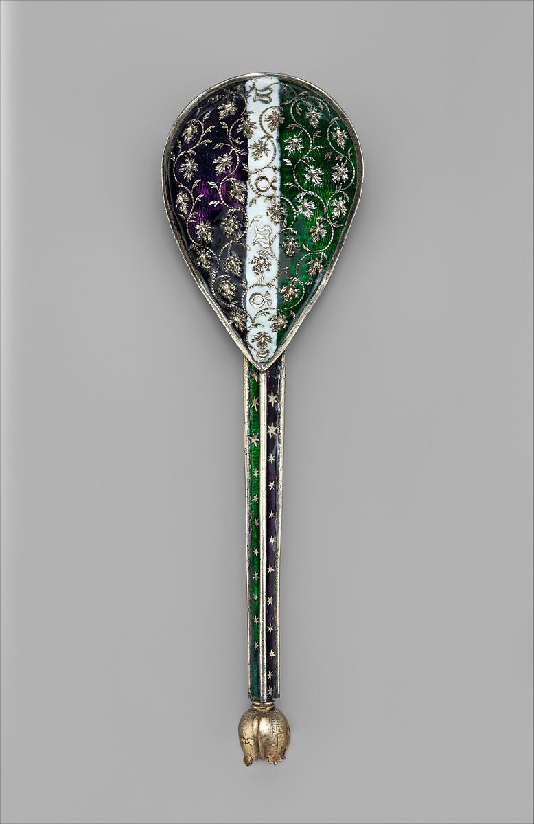 Spoon, Painted enamel, silver, parcel-gilt, French 